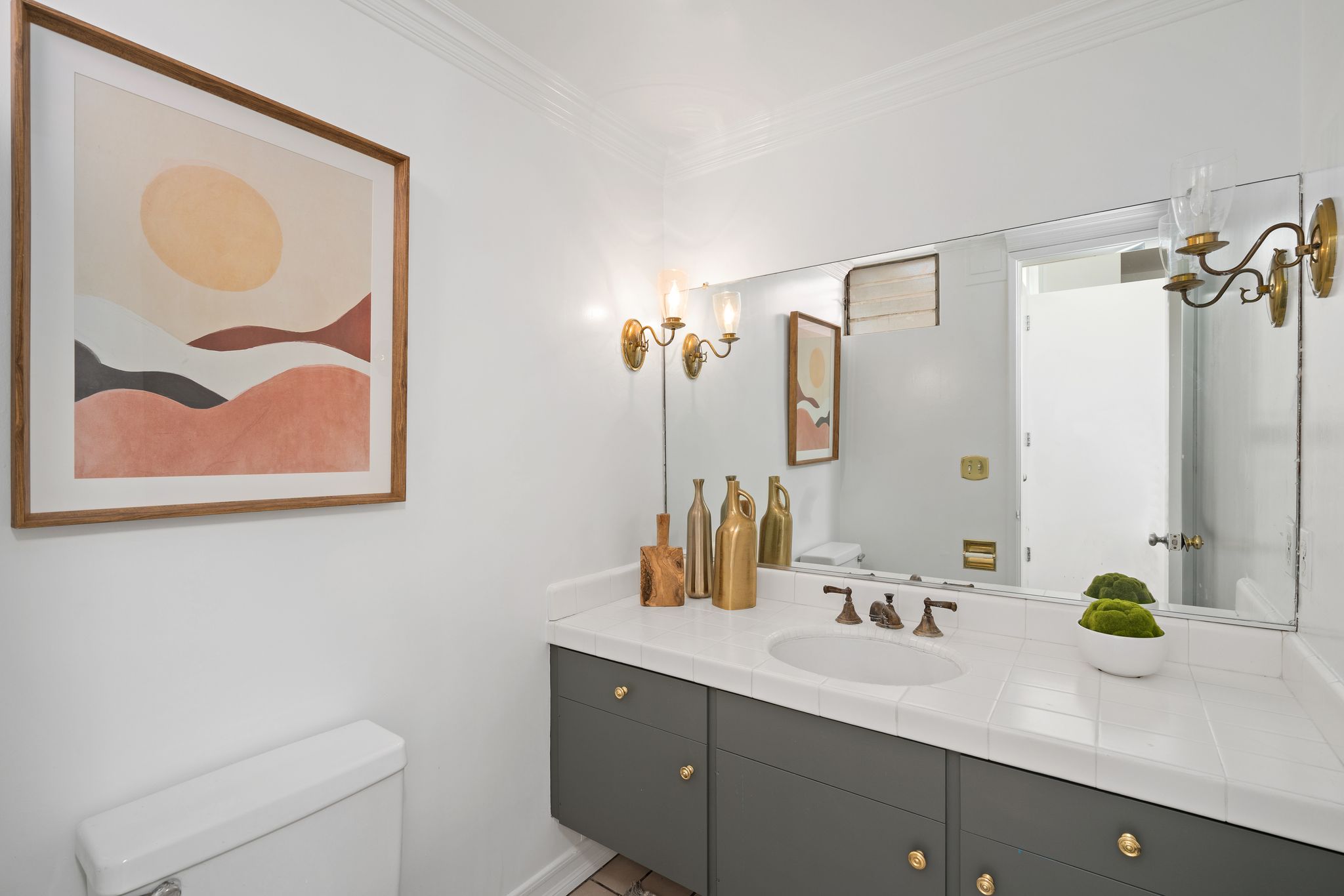 Staged bathroom with green vanity - home staging, Greater Los Angeles