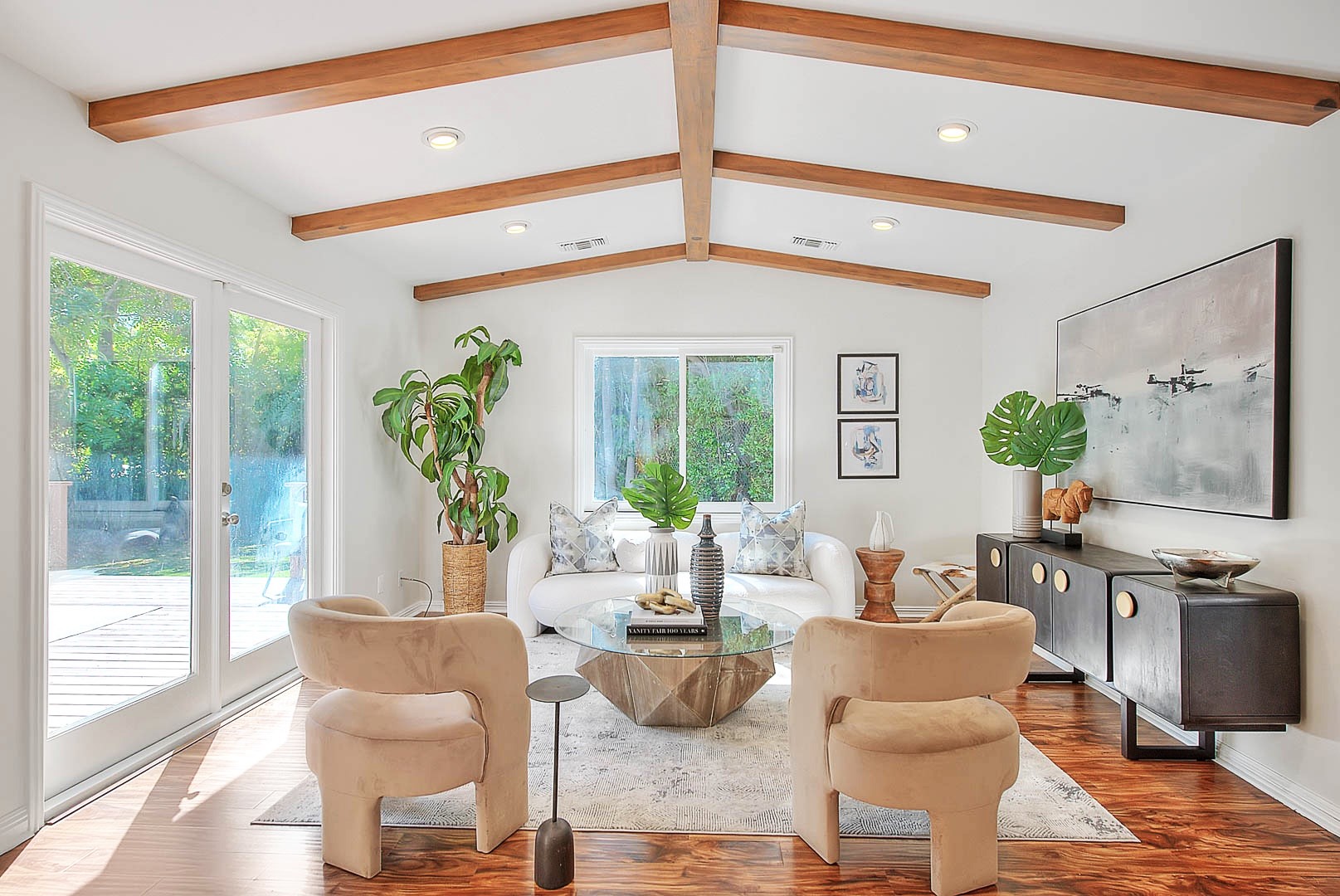 Staged family room with wood beams - home staging, Greater Los Angeles