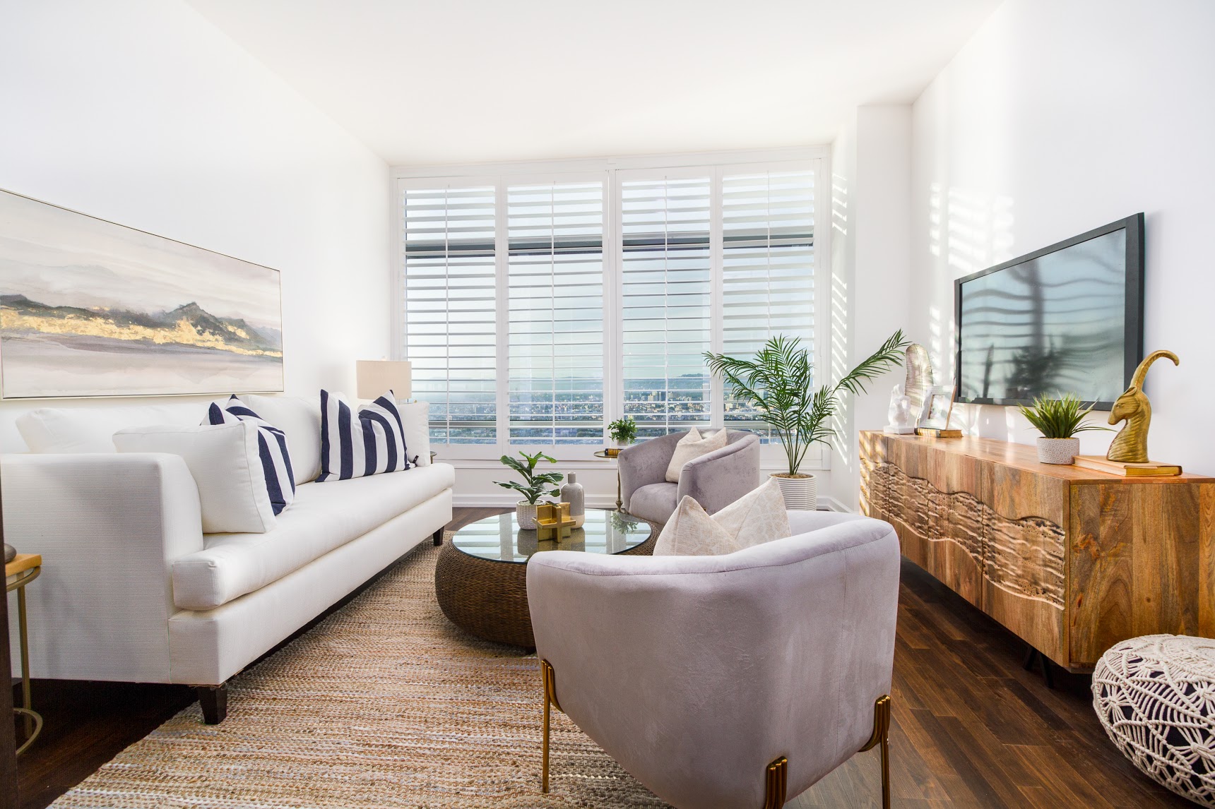 Staged highrise condo living room - home staging, Los Angeles