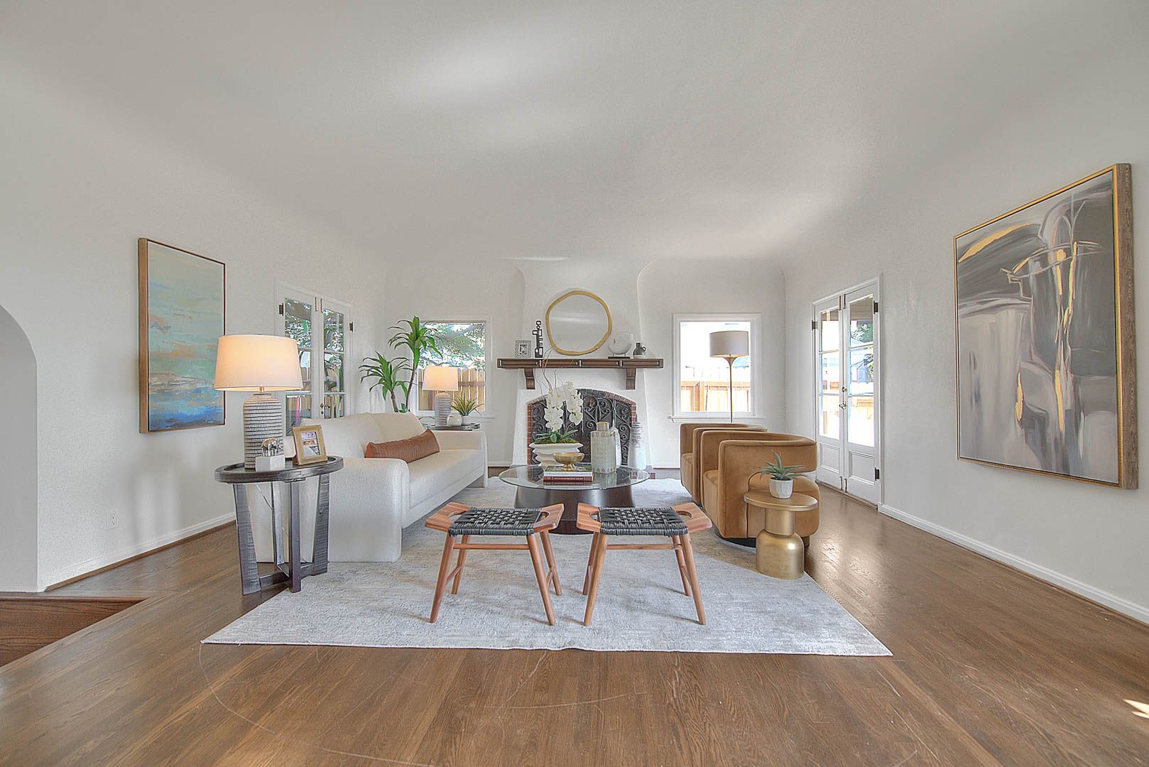 Staged living room with fireplace mantel - home staging for real estate