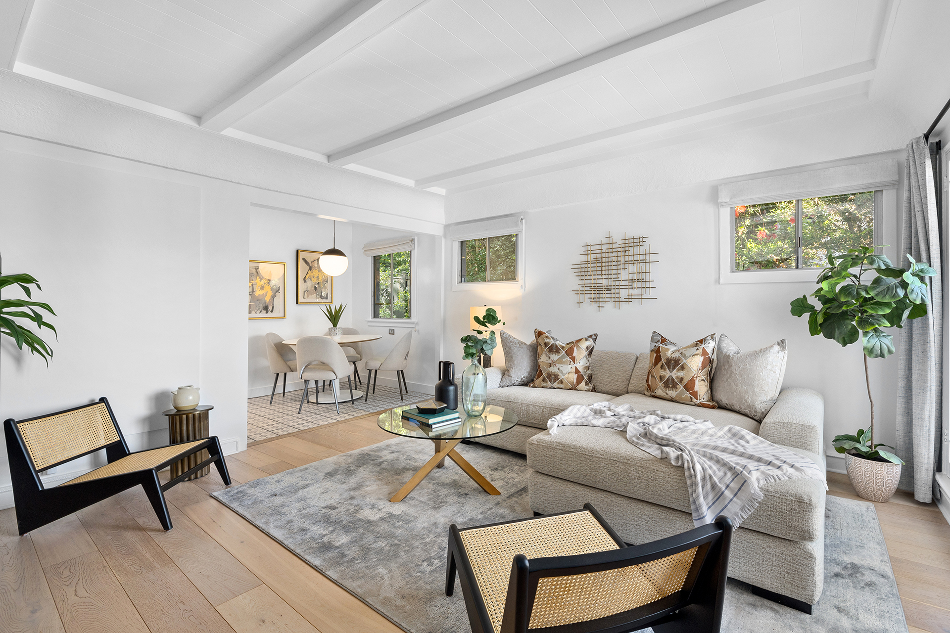 Staged living room with beamed ceiling - home staging, Greater Los Angeles