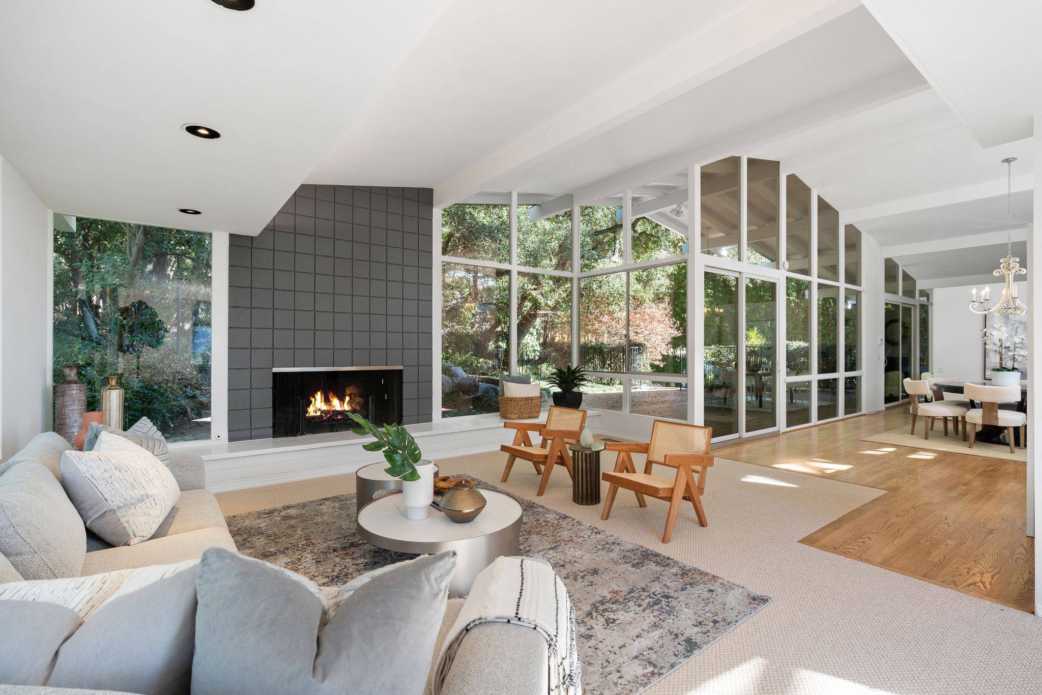 Staged midcentury living room with fireplace - home staging, Greater Los Angeles