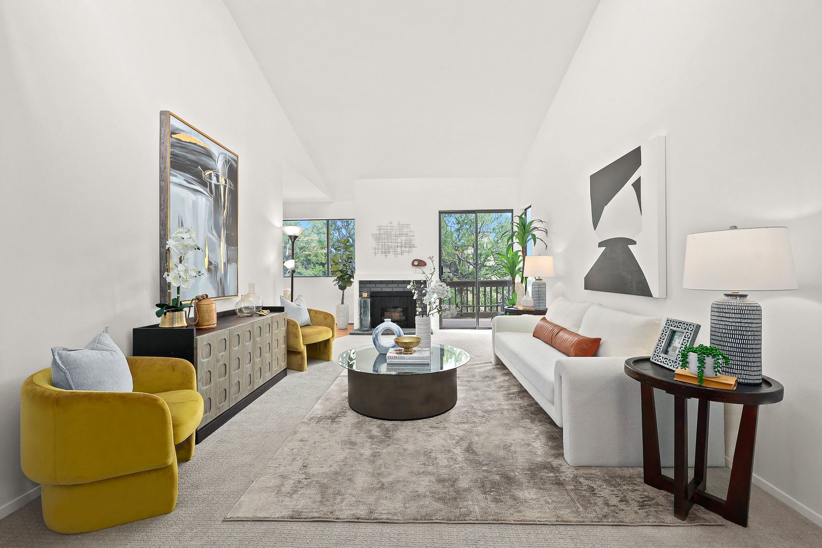 Staged living room with gas fireplace - condo home staging, Greater Los Angeles